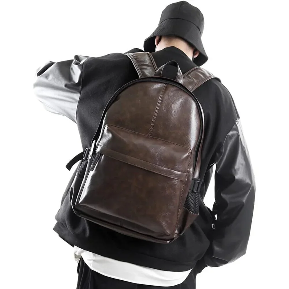Men's Brown School College Book Bag Casual Day Pack Leather Laptop Backpack